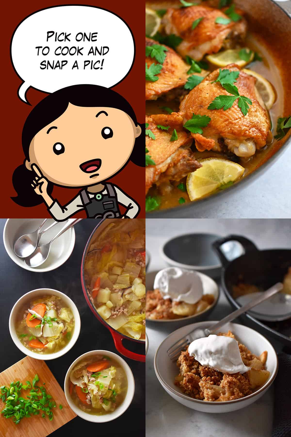 A cartoon Michelle Tam is pointing out the recipes in the November Cooking Challenge: Lemon Garlic Chicken, Napa Cabbage Soup, and Apple Crisp.